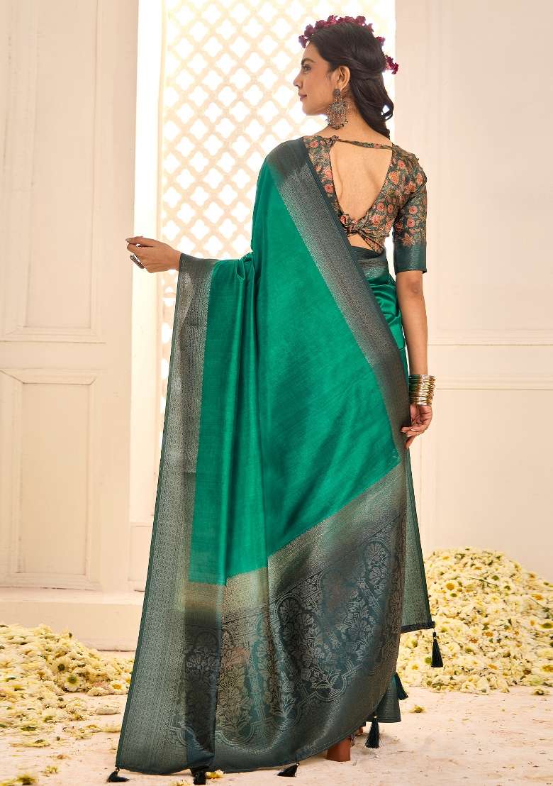 Teal Blue Printed Tussar Silk Blend Saree Set - Indya