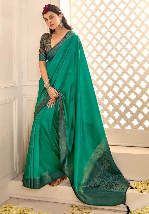 Teal Blue Printed Tussar Silk Saree Set — view on Indya