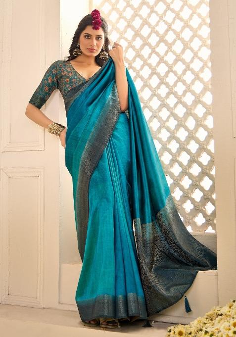 Blue Printed Tussar Silk Saree Set — view on Indya