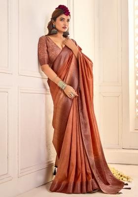 Rust Printed Tussar Silk Saree Set