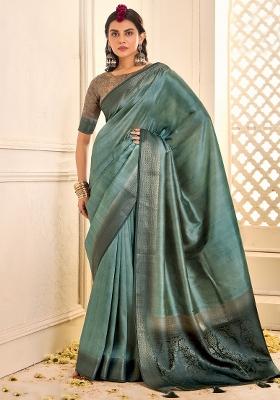 Sea Green Printed Tussar Silk Saree Set