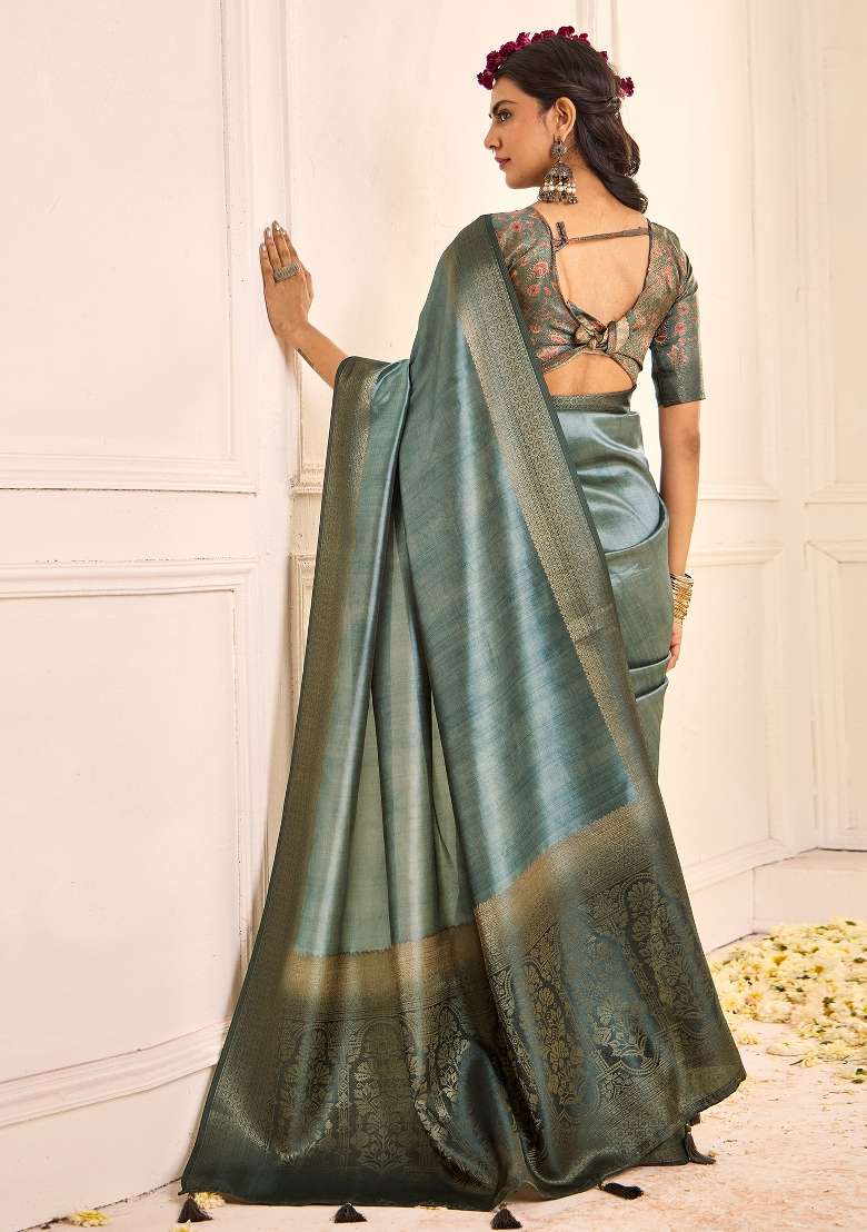 Sea Green Printed Tussar Silk Blend Saree Set for Diwali and Festive Wear - Indya