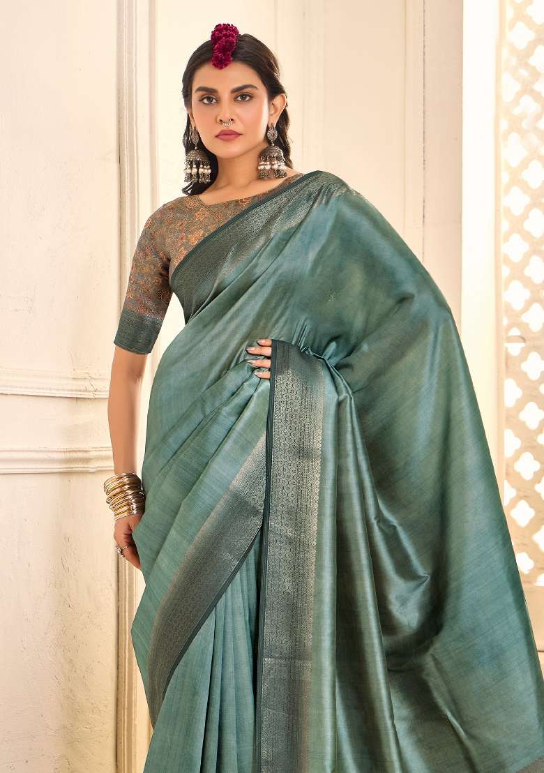 Sea Green Printed Tussar Silk Blend Saree Set for Diwali and Festive Wear - Indya