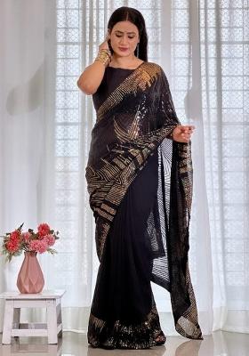 Black Printed Georgette Saree Set