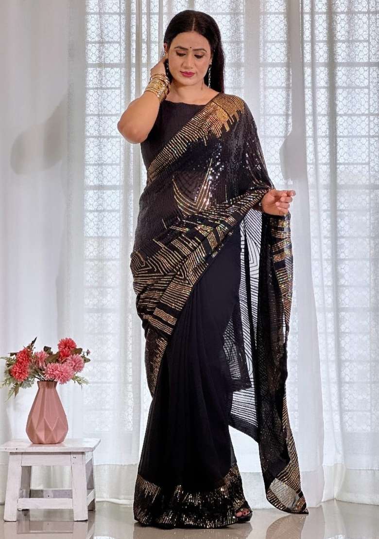 Black Printed Georgette Saree Set for Diwali and Festive Wear - Indya