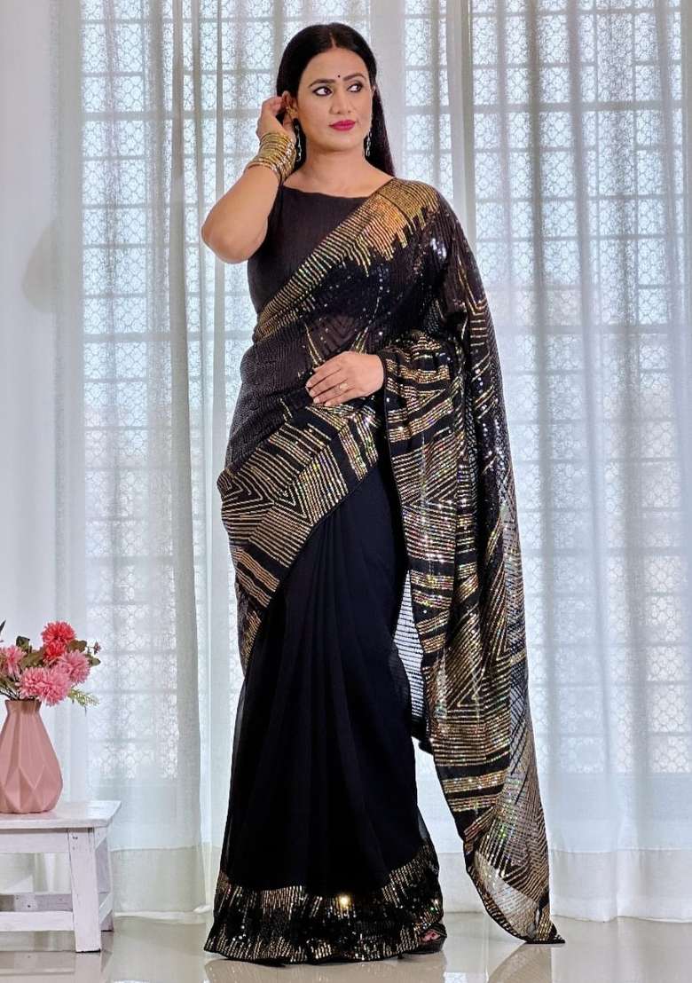 Black Printed Georgette Saree Set for Diwali and Festive Wear - Indya
