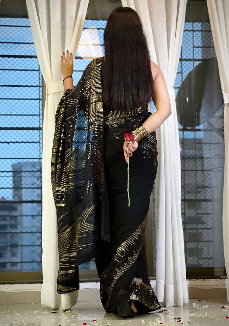 Black Printed Georgette Saree Set for Diwali and Festive Wear - Indya