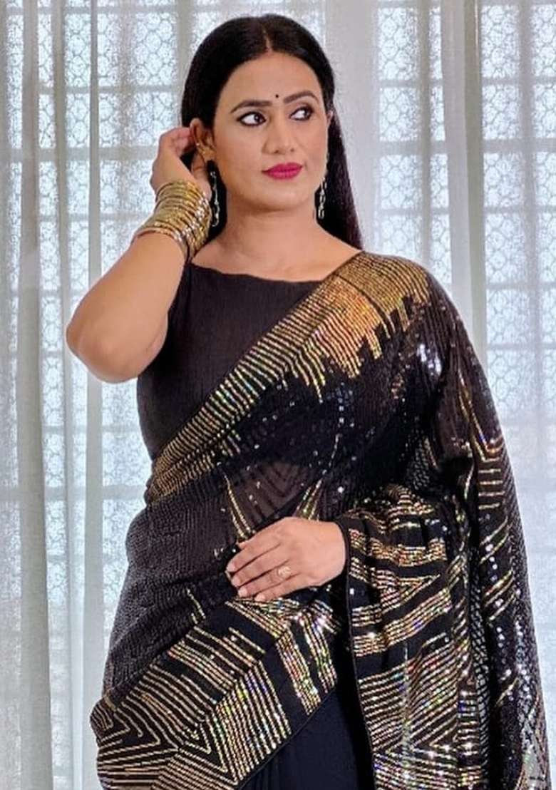 Black Printed Georgette Saree Set for Diwali and Festive Wear - Indya