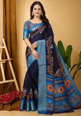 Navy Blue Printed Cotton Blend Saree Set