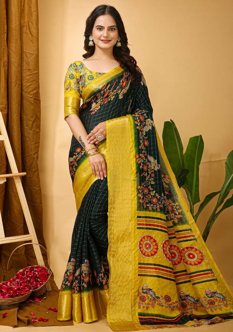 Dark Green Printed Cotton Blend Saree Set for Diwali and Festive Wear - Indya