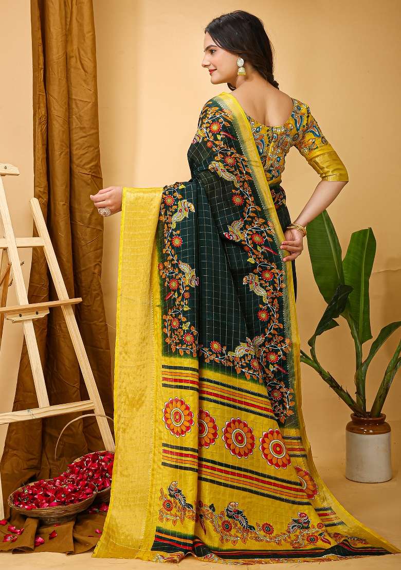 Dark Green Printed Cotton Blend Saree Set for Diwali and Festive Wear - Indya