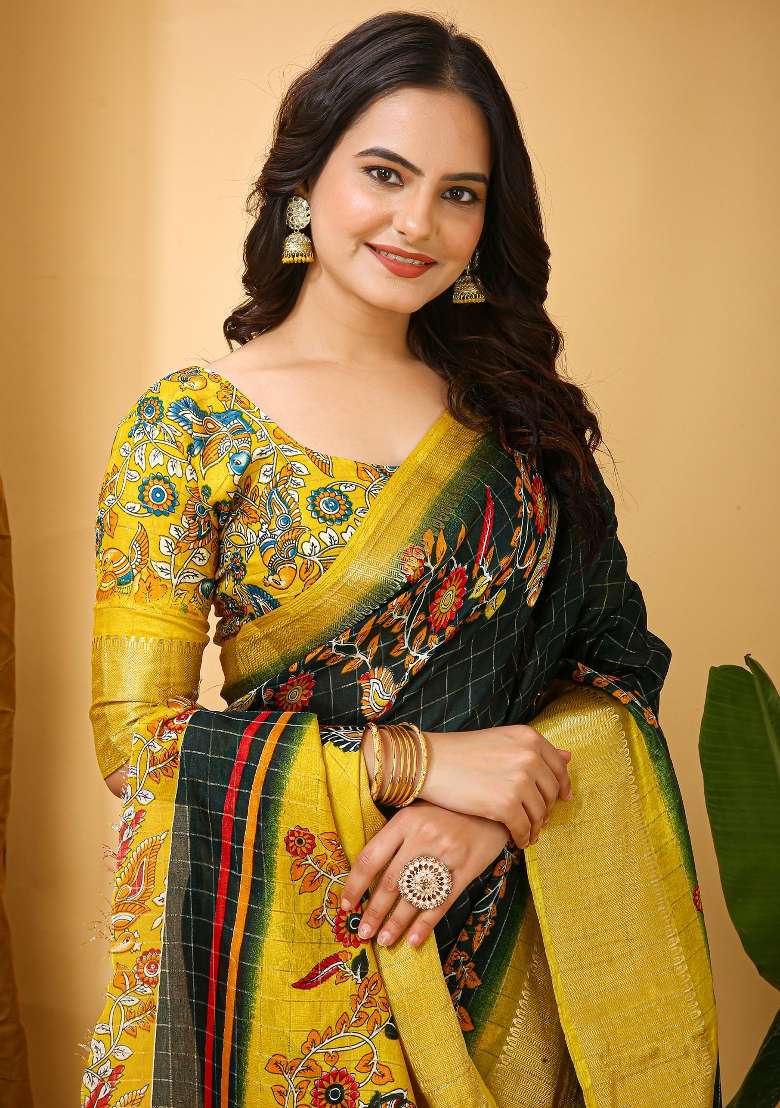 Dark Green Printed Cotton Blend Saree Set for Diwali and Festive Wear - Indya