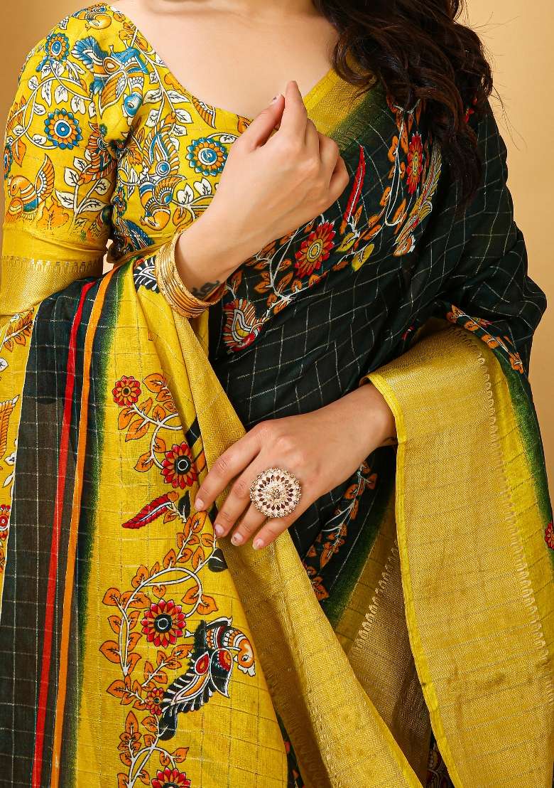 Dark Green Printed Cotton Blend Saree Set for Diwali and Festive Wear - Indya