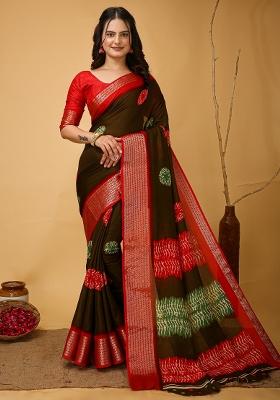 Olive Printed Dola Silk Saree Set