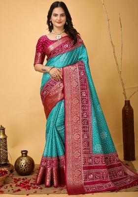 Turquoise Printed Dola Silk Saree Set