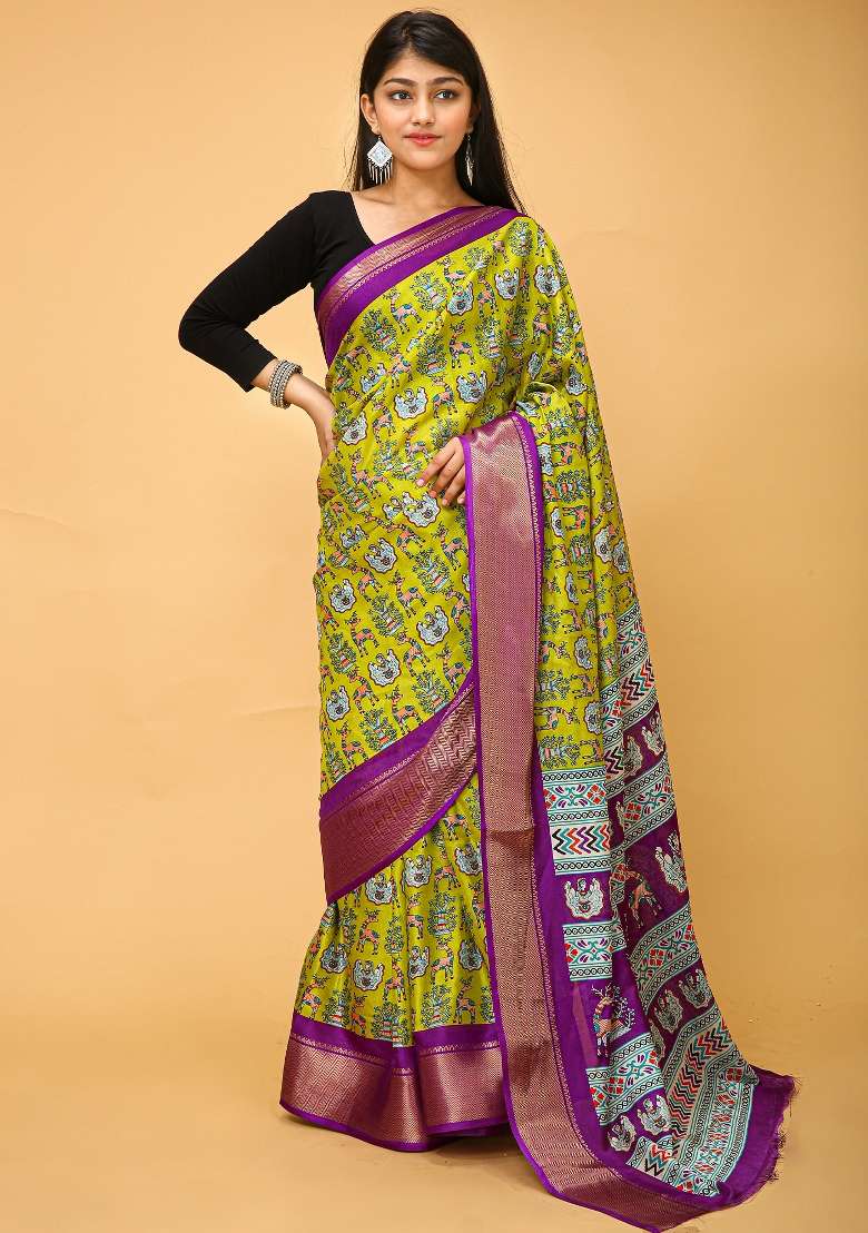 Lime Green Silk Blend Saree Set with Printed for Diwali | Wedding & Festive Wear - Indya