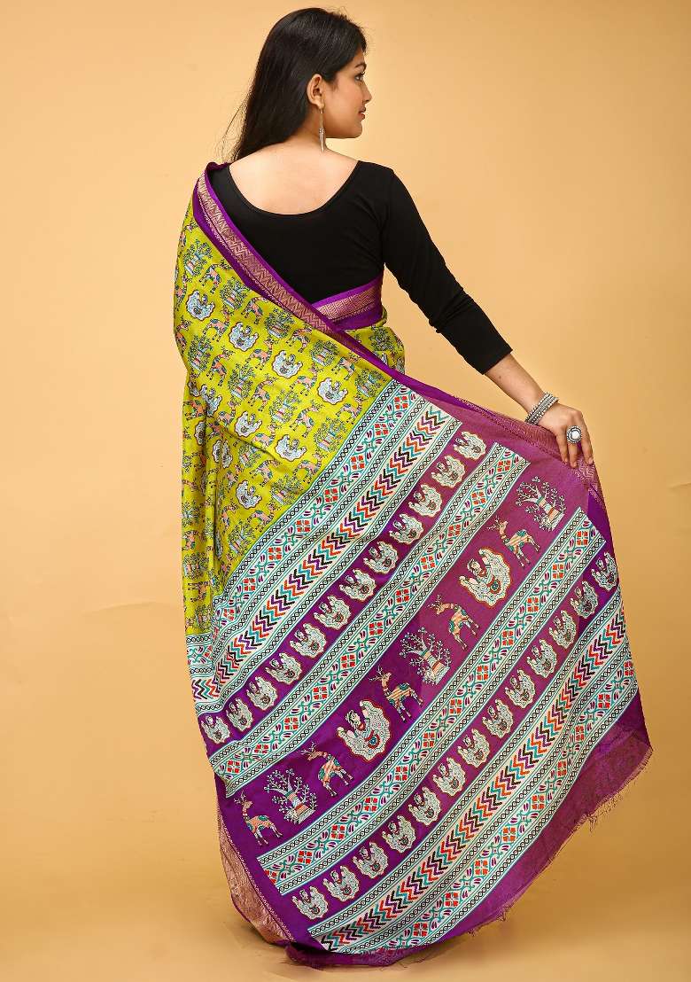 Lime Green Silk Blend Saree Set with Printed for Diwali | Wedding & Festive Wear - Indya