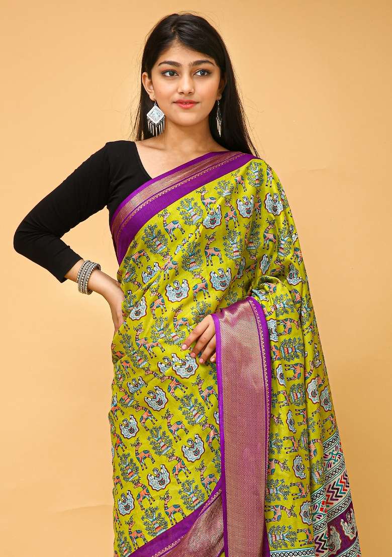 Lime Green Silk Blend Saree Set with Printed for Diwali | Wedding & Festive Wear - Indya