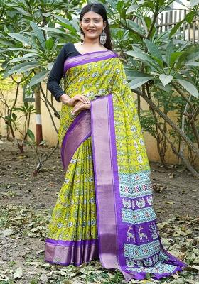 Lime Green Printed Silk Blend Saree Set