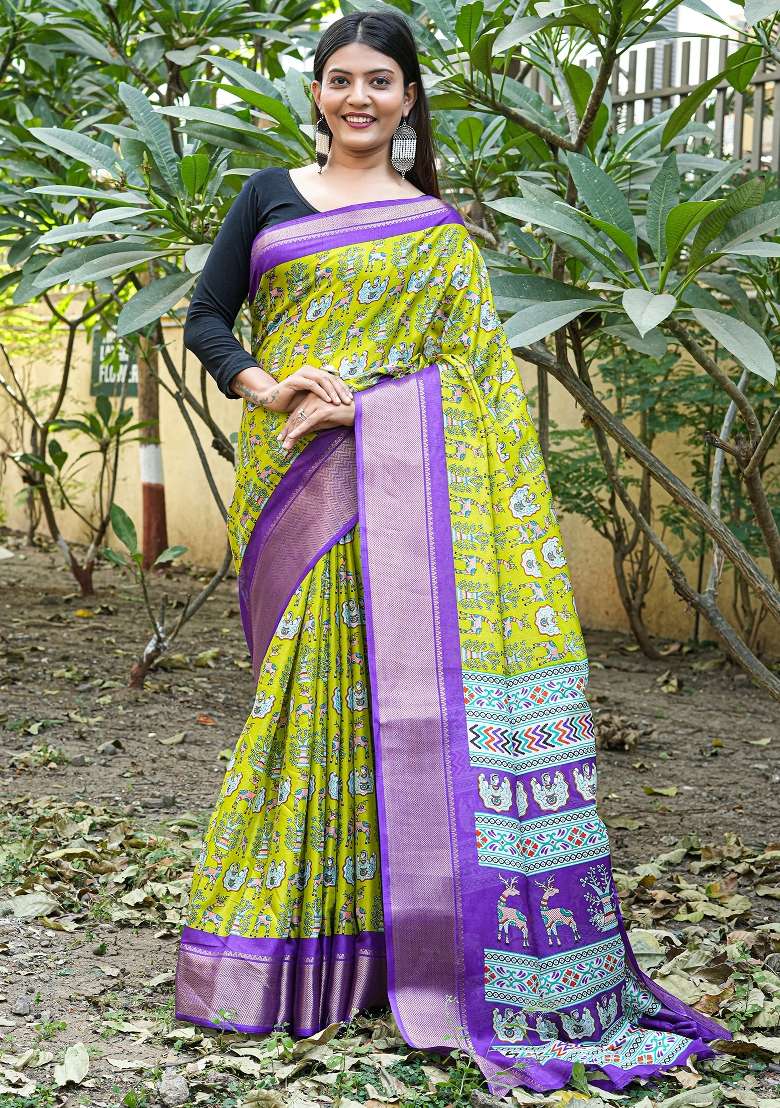Lime Green Printed Silk Blend Saree Set for Diwali and Festive Wear - Indya