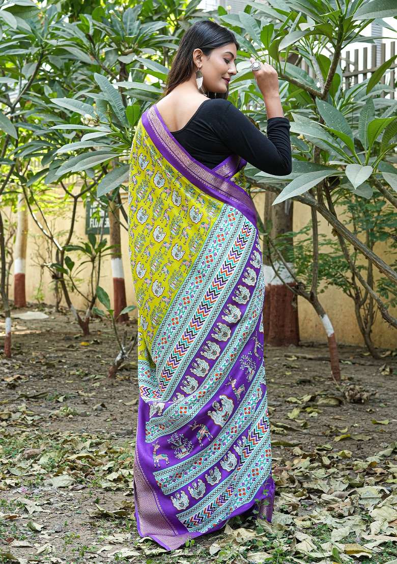 Lime Green Printed Silk Blend Saree Set for Diwali and Festive Wear - Indya