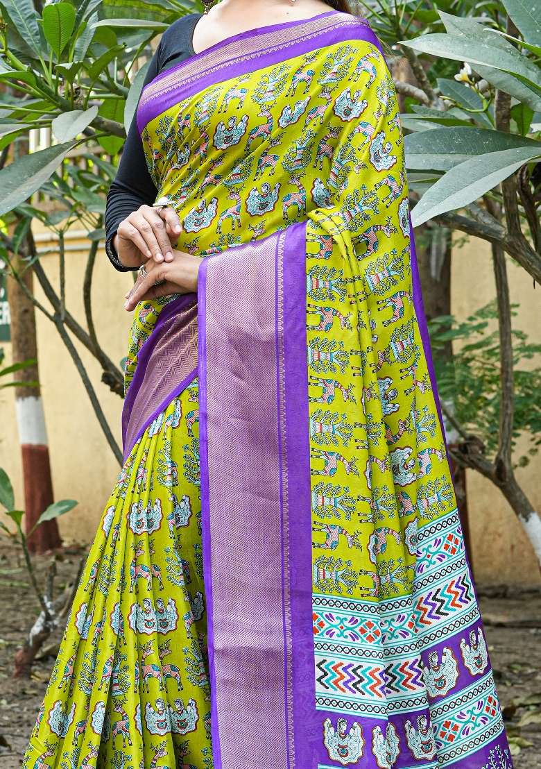 Lime Green Printed Silk Blend Saree Set for Diwali and Festive Wear - Indya