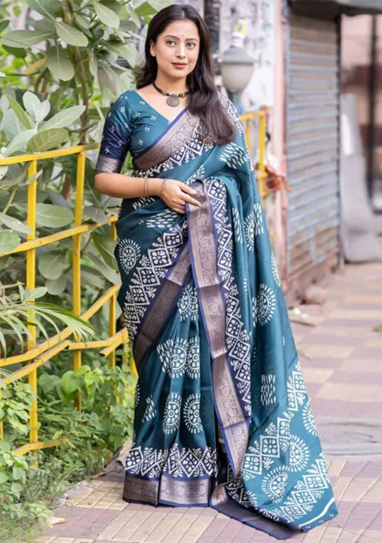 Teal Blue Printed Dola Silk Saree Set - Indya