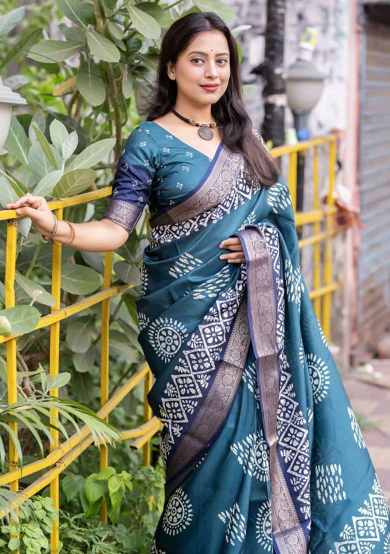 Teal Blue Printed Dola Silk Saree Set - Indya