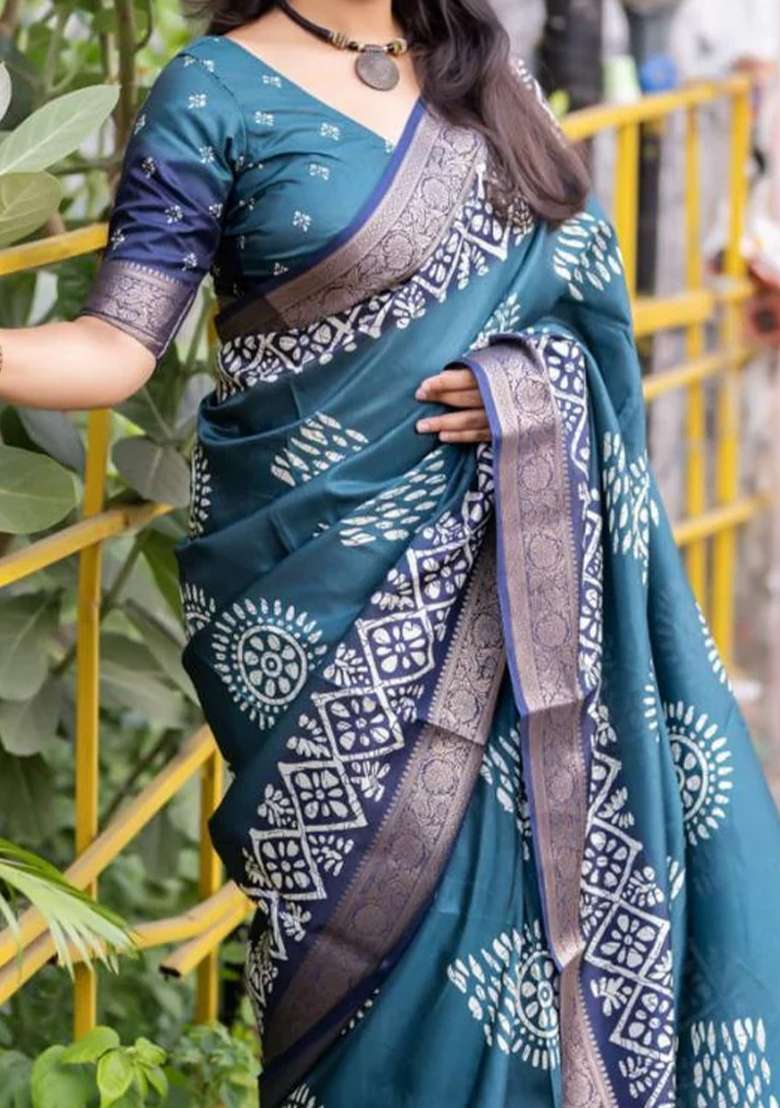 Teal Blue Printed Dola Silk Saree Set - Indya