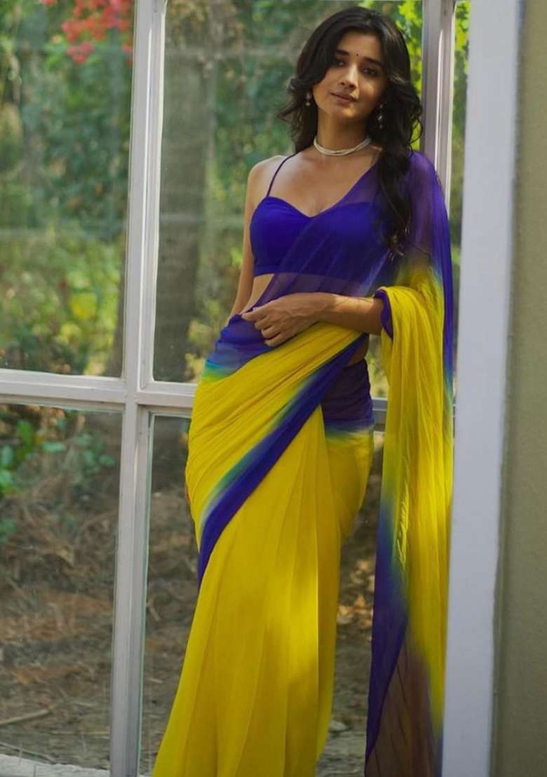 Yellow Georgette Saree Set with Printed for Diwali | Wedding & Festive Wear - Indya