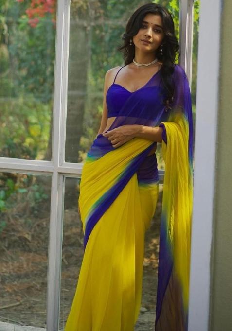 Yellow Printed Georgette Saree Set