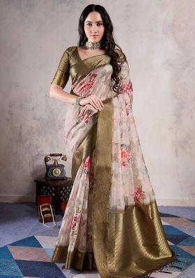 Beige Printed Organza Saree Set