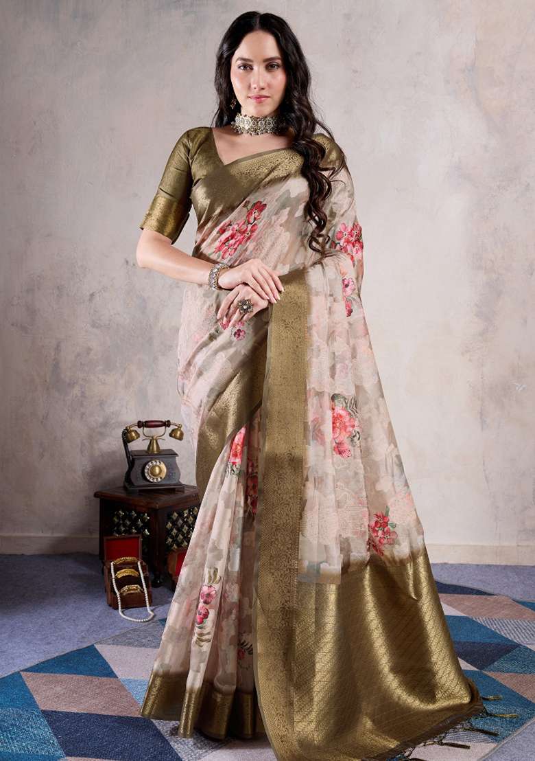 Beige Printed Organza Saree Set for Diwali and Festive Wear - Indya