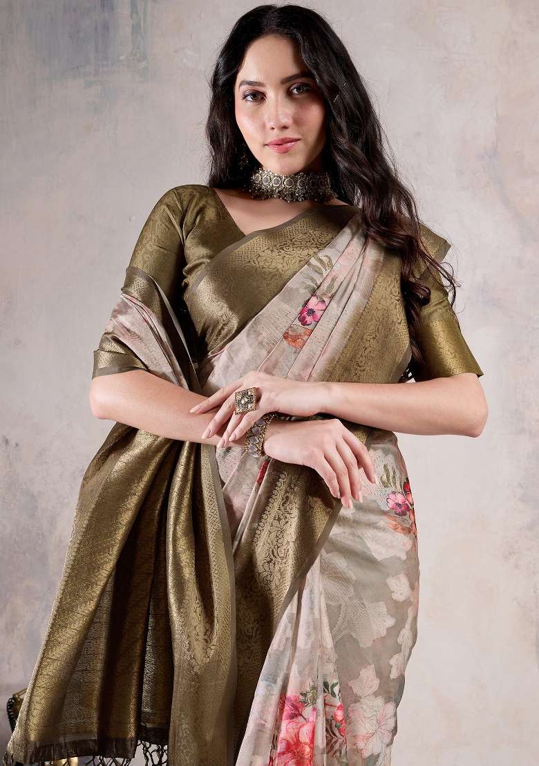 Beige Printed Organza Saree Set for Diwali and Festive Wear - Indya