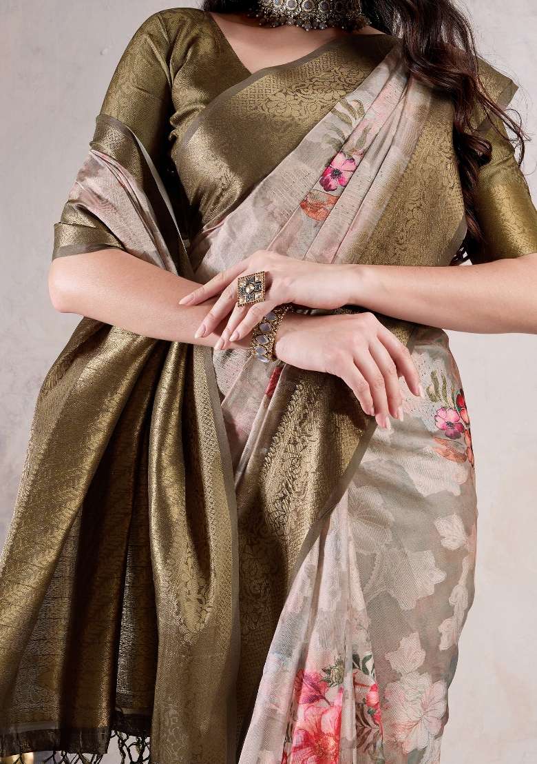 Beige Printed Organza Saree Set for Diwali and Festive Wear - Indya