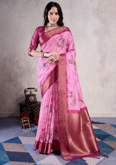 Pink Printed Organza Saree Set — view on Indya