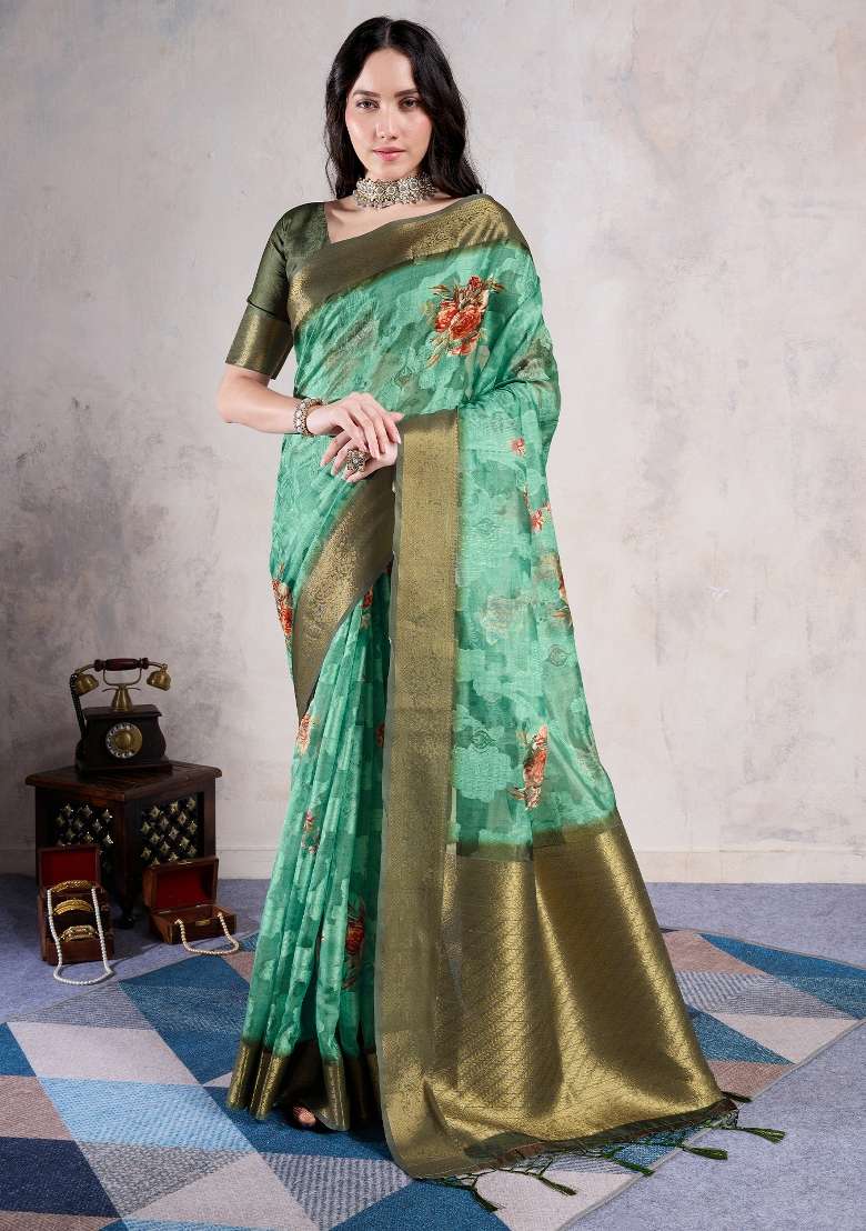 Sea Green Organza Saree Set with Printed for Diwali | Wedding & Festive Wear - Indya