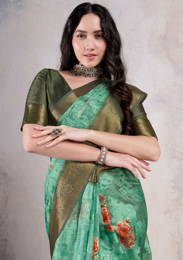 Sea Green Organza Saree Set with Printed for Diwali | Wedding & Festive Wear - Indya