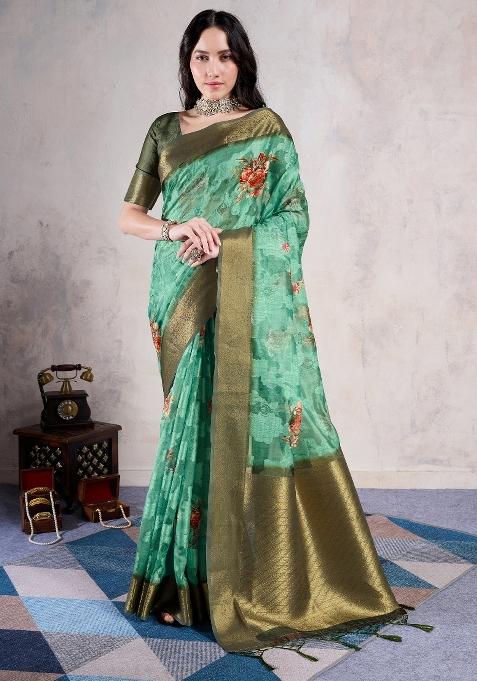 Sea Green Printed Organza Saree Set — view on Indya