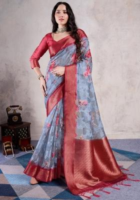 Grey Printed Organza Saree Set
