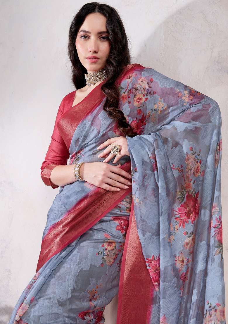 Grey Organza Saree Set with Printed for Diwali | Wedding & Festive Wear - Indya