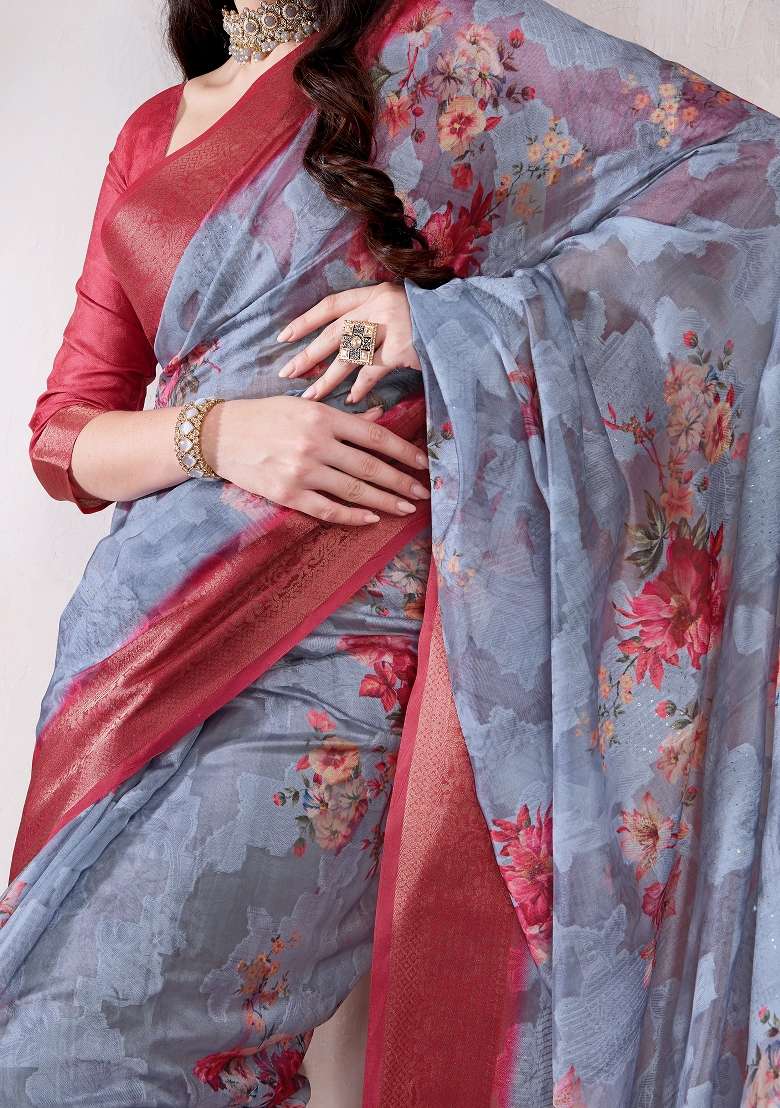 Grey Organza Saree Set with Printed for Diwali | Wedding & Festive Wear - Indya