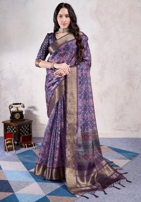Purple Printed Organza Saree Set