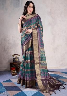 Teal Green Printed Organza Saree Set