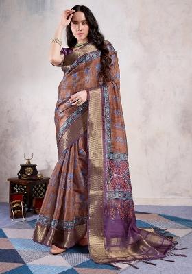 Brown Printed Organza Saree Set