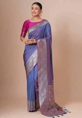 Lavender Printed Silk Blend Saree Set