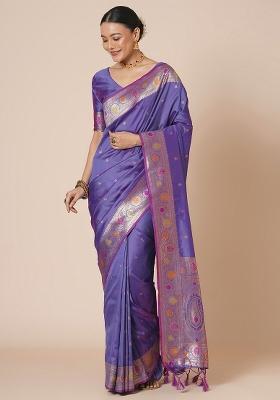 Lavender Printed Silk Blend Saree Set