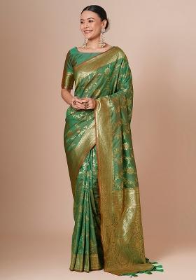 Light Green Printed Silk Blend Saree Set