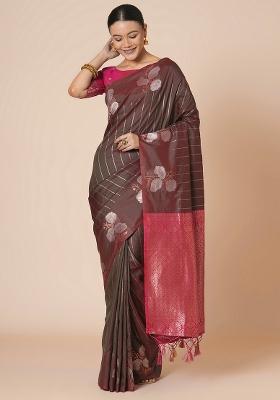 Burgundy Printed Silk Blend Saree Set