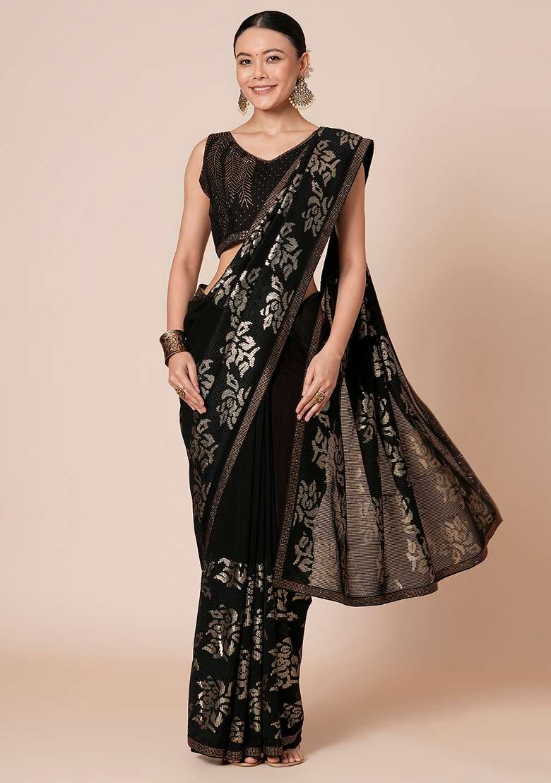 Black Georgette Saree Set with Printed for Diwali | Wedding & Festive Wear - Indya